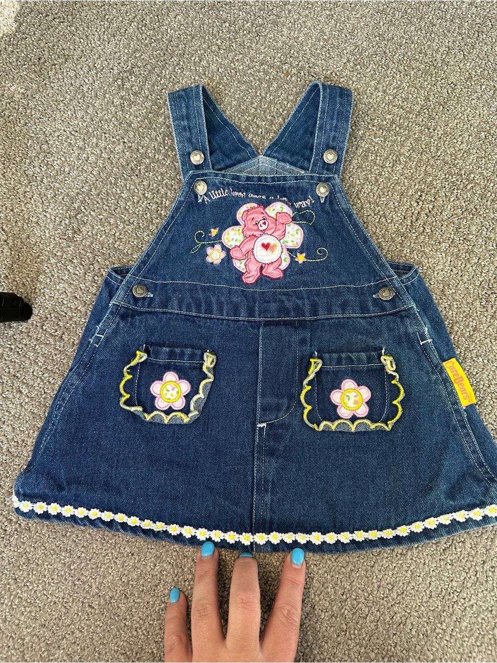 Care Bears Blue Denim Overall Dress with Pink Bear Applique and Daisy Trim